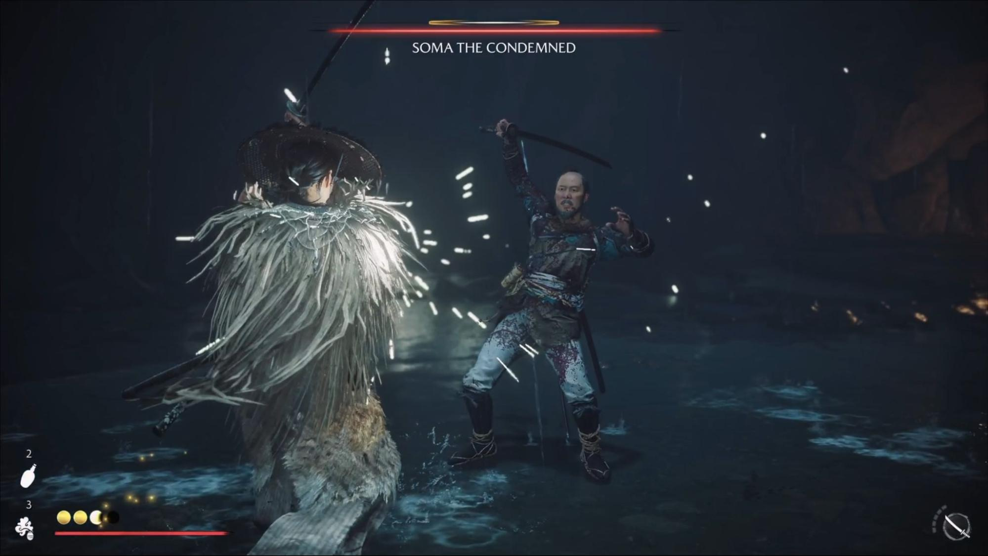 Atsu parries Soma the Condemned during a boss fight in Ghost of Yotei