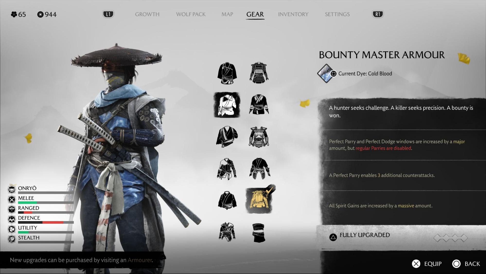 Fully upgraded Bounty Master Armor enhancing perfect parries in Ghost of Yotei