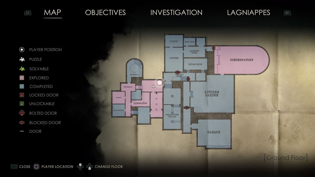 A digital in-game map displaying various rooms in "Alone in the Dark: Lagniappe" and the player's current position marked by an icon.