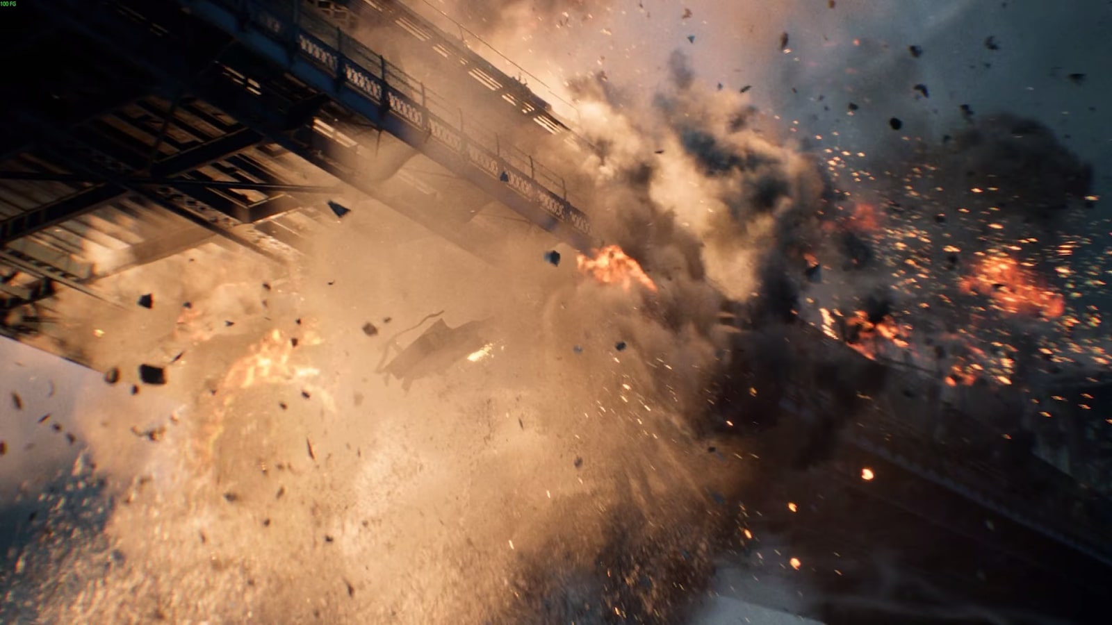 Massive explosion destroying a bridge with debris and fire filling the air during a cinematic moment in Battlefield 6