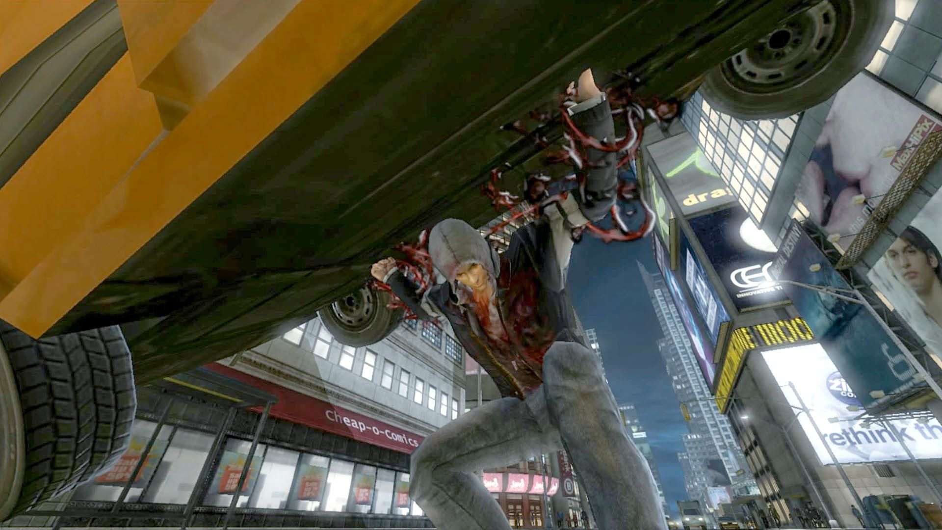 Gameplay scene from Prototype showing Alex Mercer lifting a taxi in Times Square, showcasing the game’s destructible environment and over-the-top power fantasy.