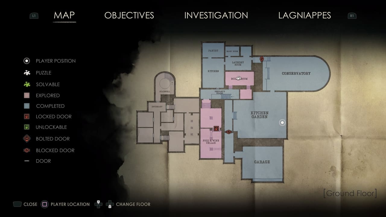 An in-game screen capture of a map interface from the video game Alone in the Dark, featuring various rooms, player location, navigational markers, and Broken Plate locations.