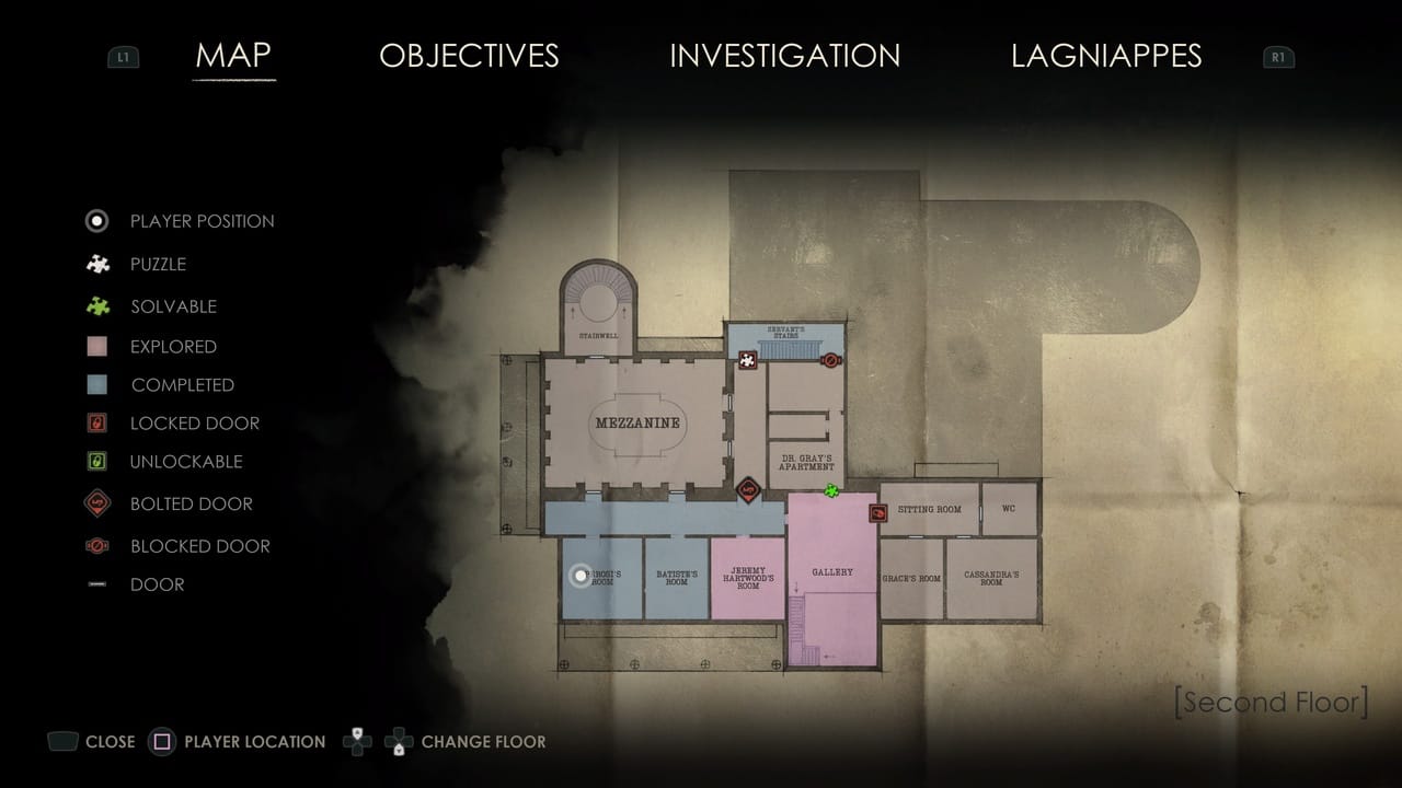 A screenshot of a video game interface showing a map overlay with various legends such as the player's position, puzzle locations, door statuses, and Alone in the Dark Broken Plate locations.