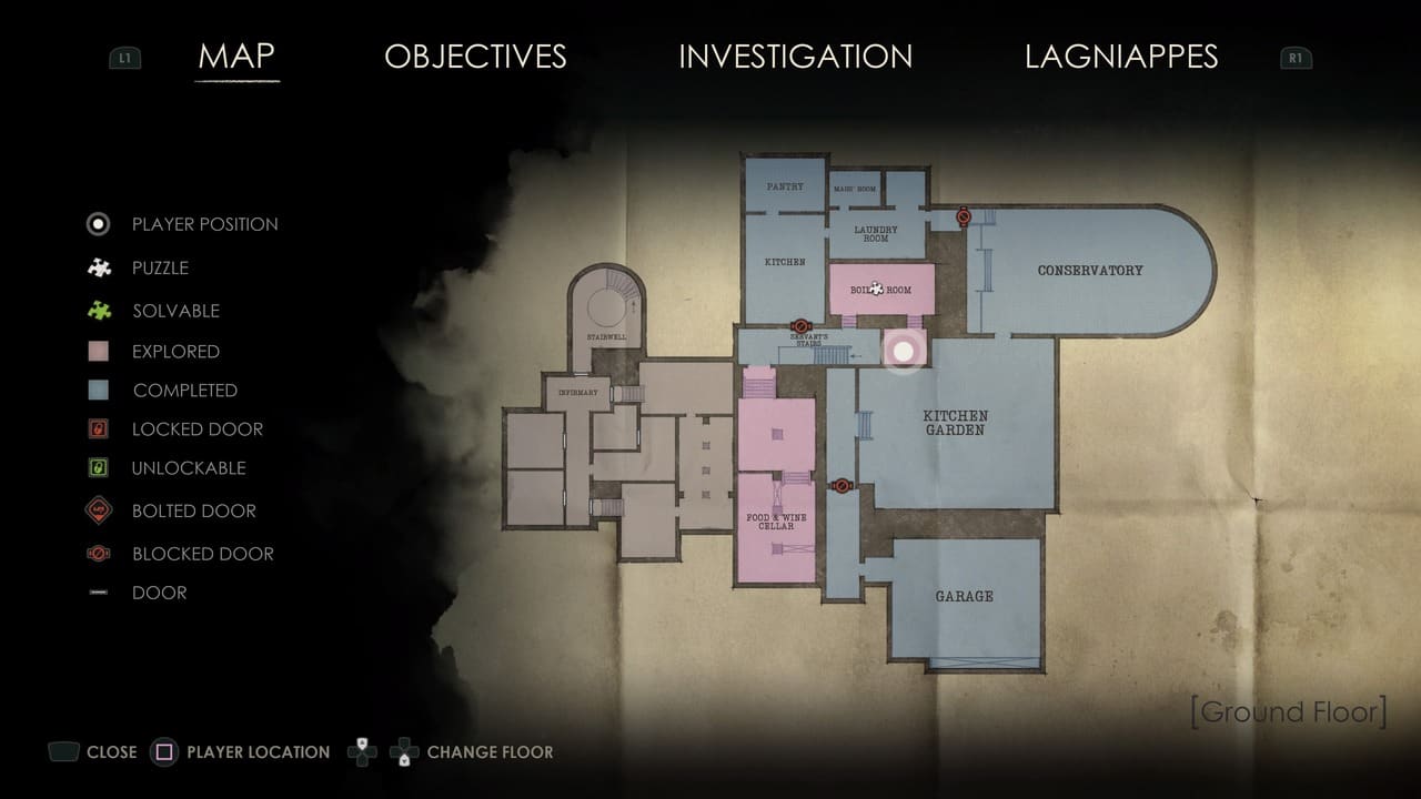A digital image of an in-game map interface from "Alone in the Dark," showing various rooms, the player's position, and different types of door statuses.