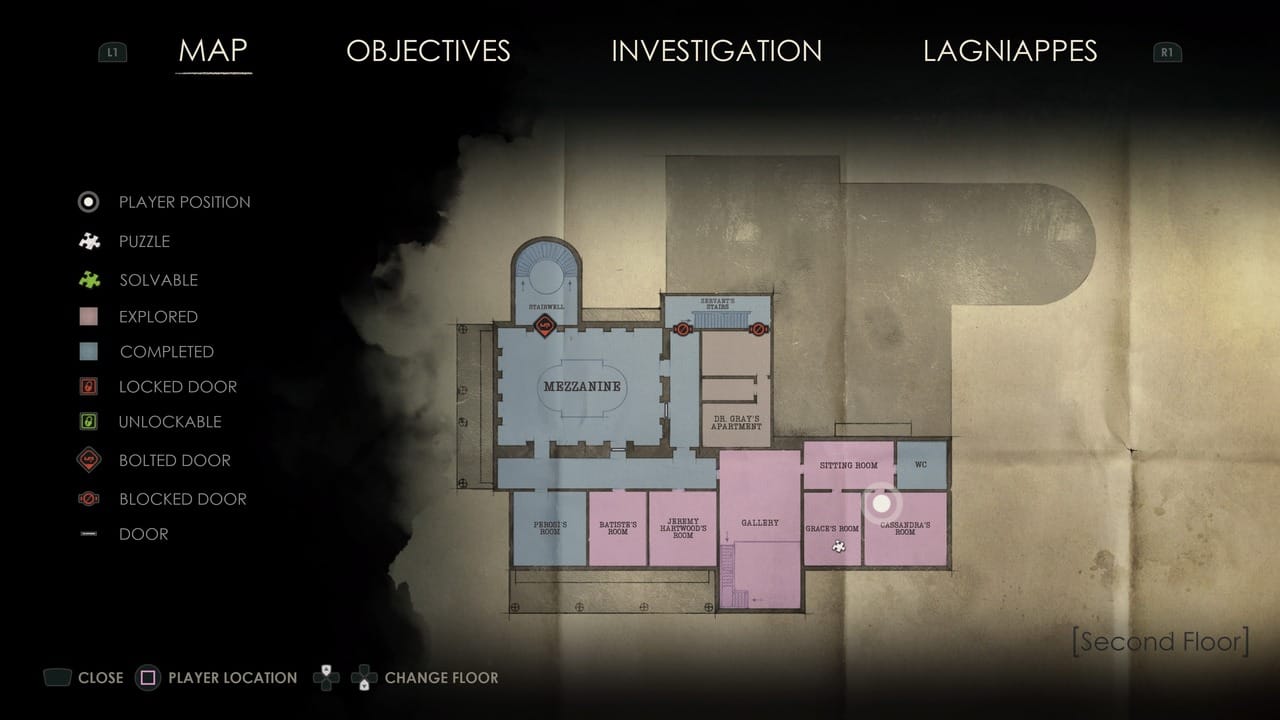 An in-game screenshot showing a map overlay from "Alone in the Dark," detailing different room types and the player's position on the second floor of a building.