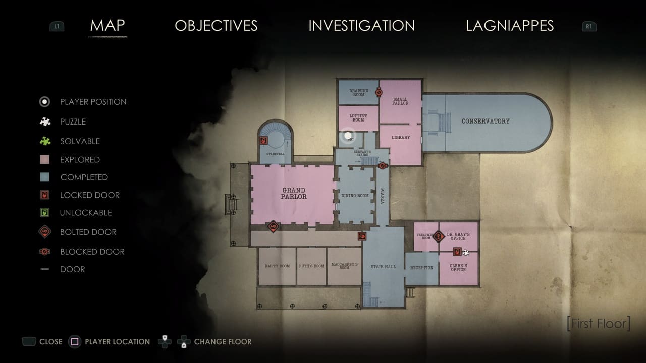 A digital in-game map displaying various rooms with different status indicators such as player position, puzzle, locked door, and blocked door in the Alone in the Dark Lagniappe game.