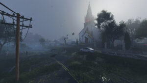 Once Human Brookham: A atmospheric image of the former town of Brookham, now turned into an apocalyptic wasteland.
