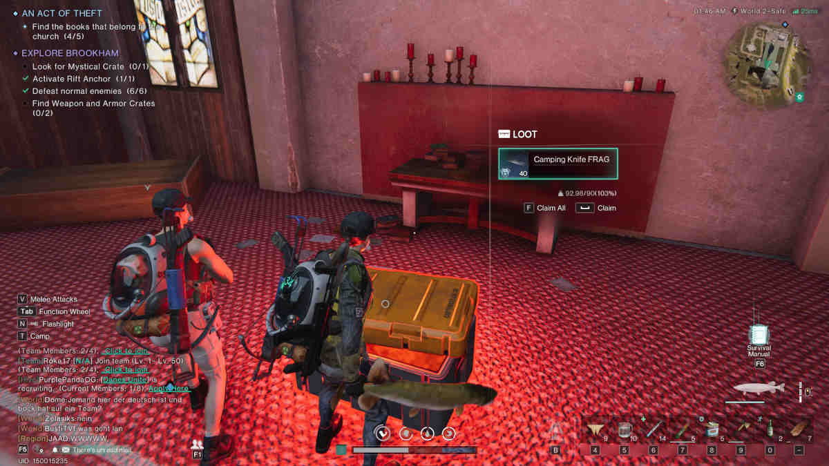 Brookham Crate Locations: A mysticla glowing chest located near a sermon box inside a church.