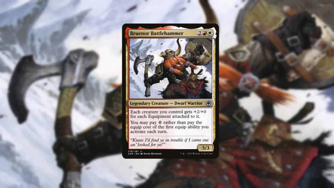 card image of a equipment commander called bruenor battlehammer with orange hair and holding an axe in magic the gathering