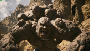 Picture of a giant multi-headed stone golem boss from a game.