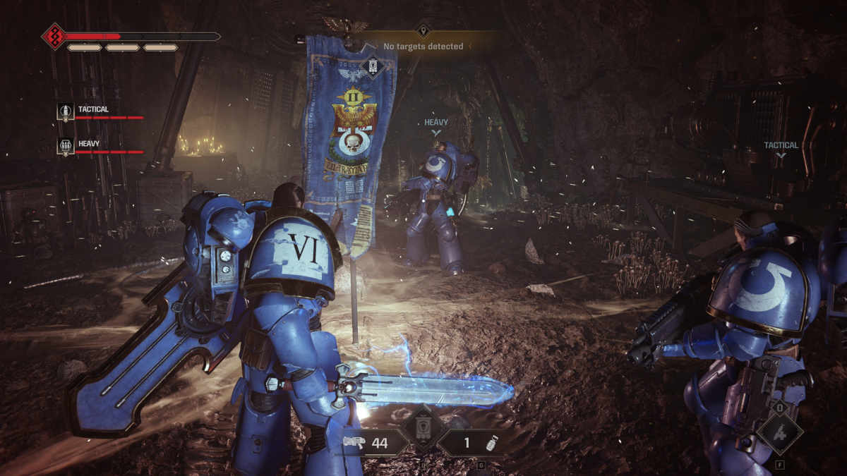 Space Marine 2 repair armor: Bulwark class and their chapter banner repairing armor.