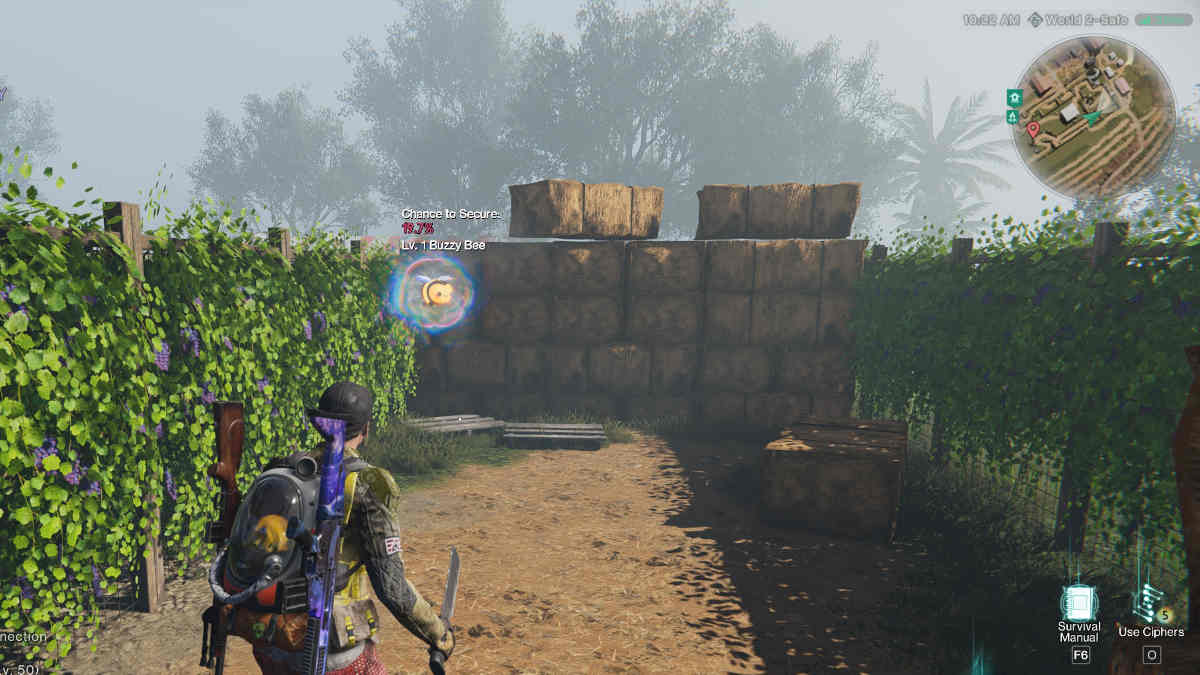 Buzzy Bee Once Human: A picture of a cartoon bee flying around a dense farm vineyard,.
