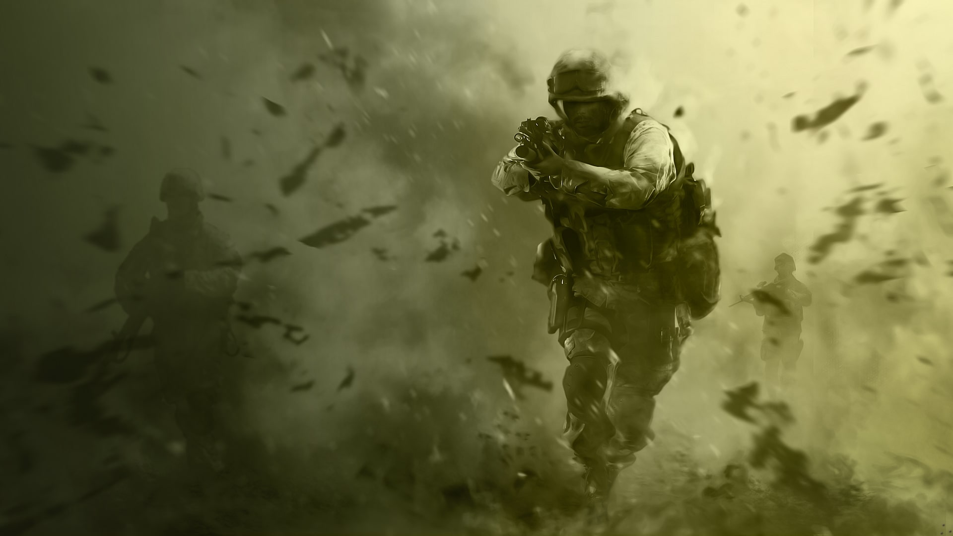 Call of Duty soldiers running through smoke and debris in a battlefield scene