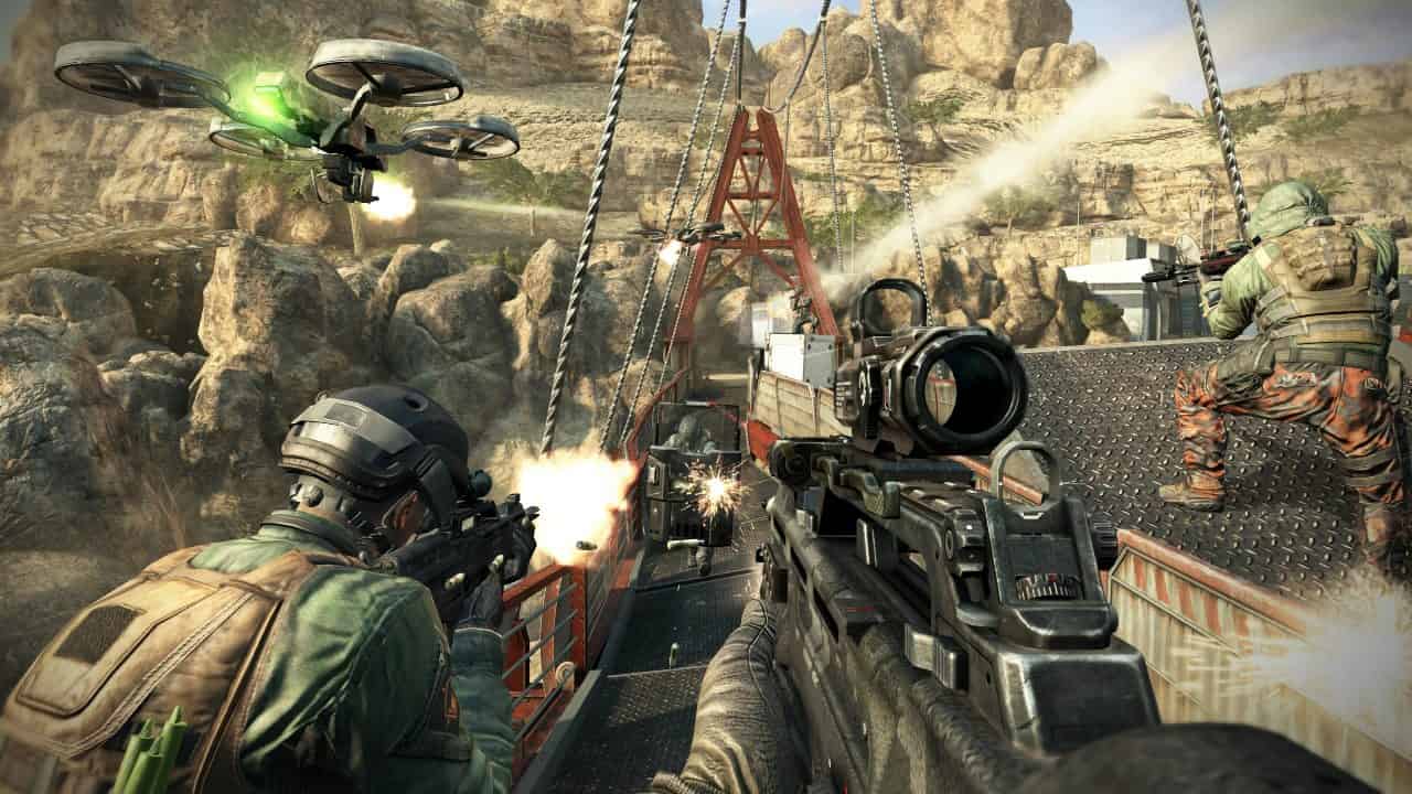 Soldiers engaged in a firefight on a bridge with drones flying overhead, reminiscent of a Call of Duty mission.