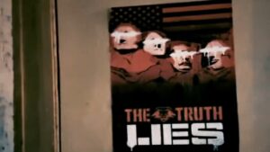 Poster showing four masked figures with an American flag backdrop. Text reads "THE TRUTH LIES" in bold letters, suggesting intrigue and secrecy reminiscent of Black Ops 6.