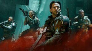 A team of four heavily armed soldiers in futuristic armor prepare for battle in Call of Duty Black Ops 7