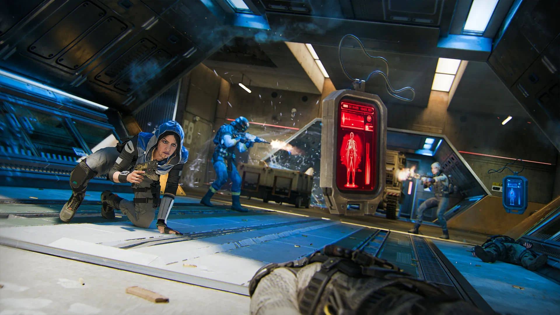 A soldier in a blue hood crouches during a high-tech firefight inside a futuristic facility in Call of Duty Black Ops 7.