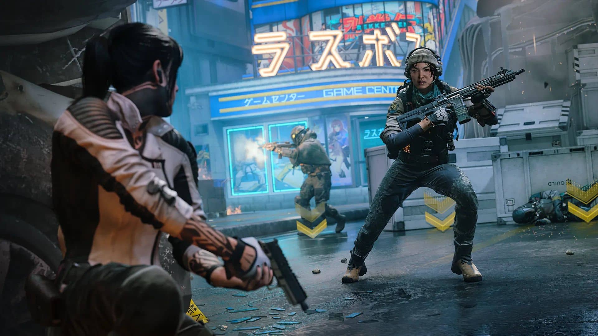 Soldiers exchange gunfire in a neon-lit city street during an intense firefight in Call of Duty Black Ops 7.