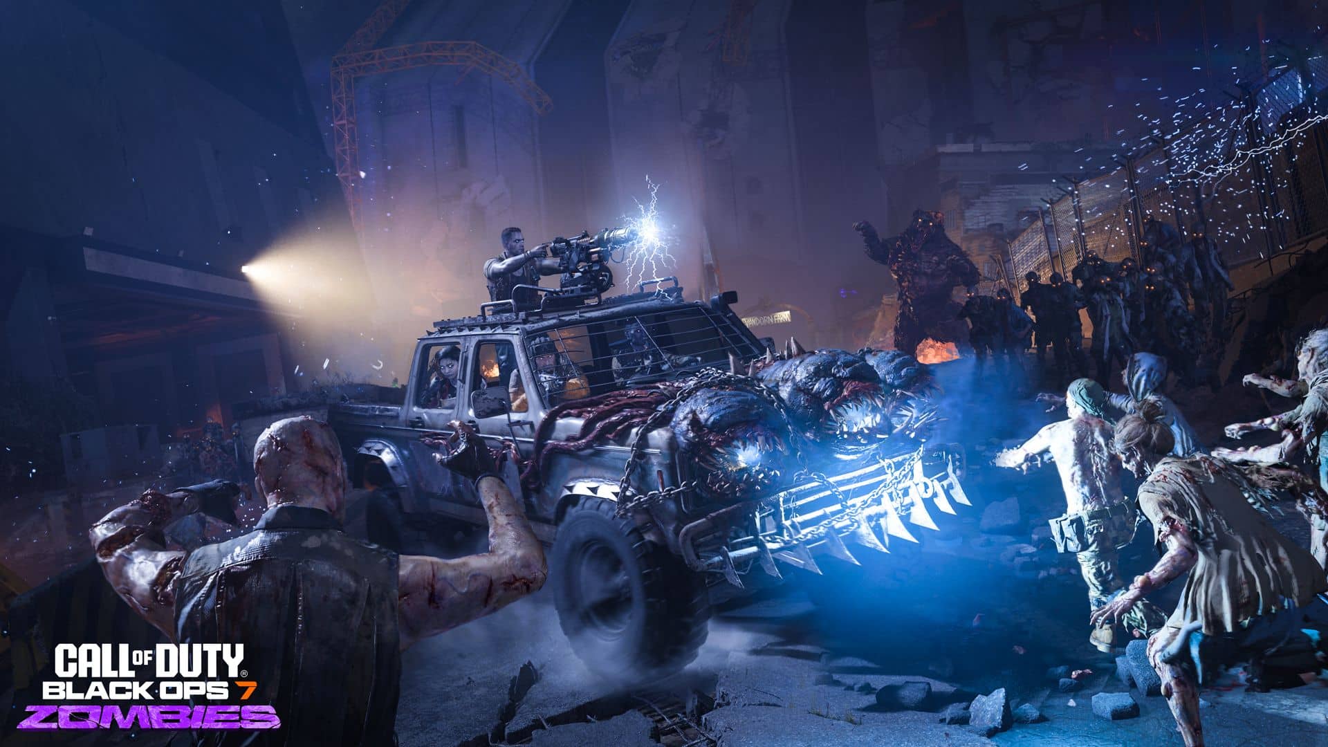A soldier fires from an armored truck surrounded by zombies during a chaotic night battle in Call of Duty Black Ops 7 Zombies mode.