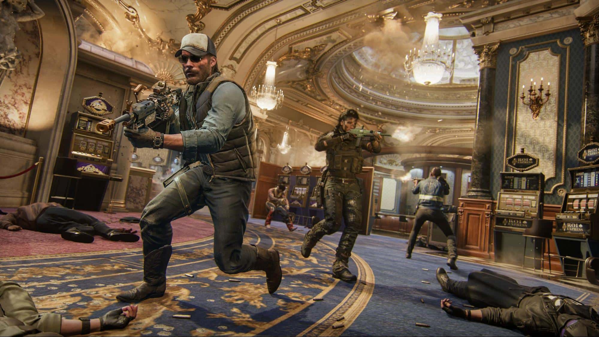 Armed operatives engage in intense firefight inside ornate casino in Call of Duty Black Ops 6