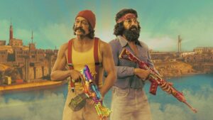 Two men dressed in colorful outfits and armed with toy guns stand back-to-back against a fictional cityscape background.