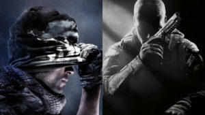 Two images side by side of soldiers in Call of Duty tactical gear, one peering through binoculars and the other holding a rifle, with dramatic lighting.