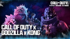 Promotional graphic for "Call of Duty: Warzone" featuring a crossover with Godzilla and King Kong.