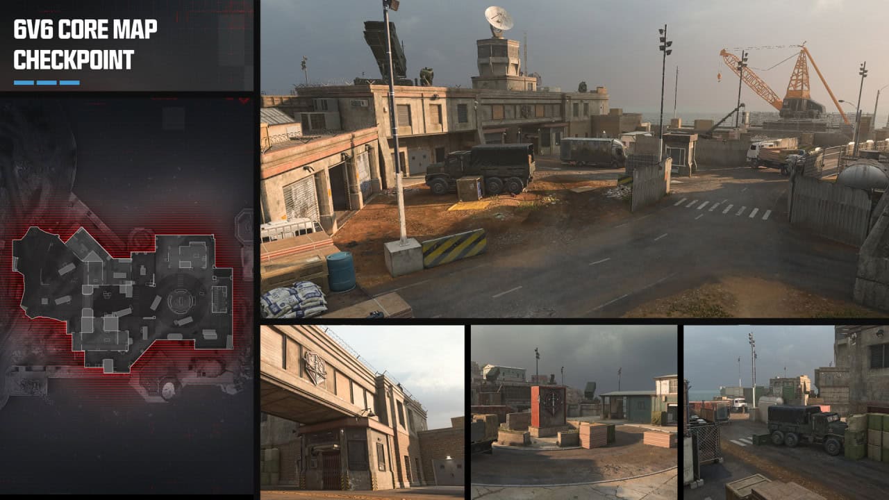 Map overview and in-game screenshots of a military-style checkpoint featuring shipping containers, buildings, and a crane in a desert setting from Call of Duty Modern Warfare.