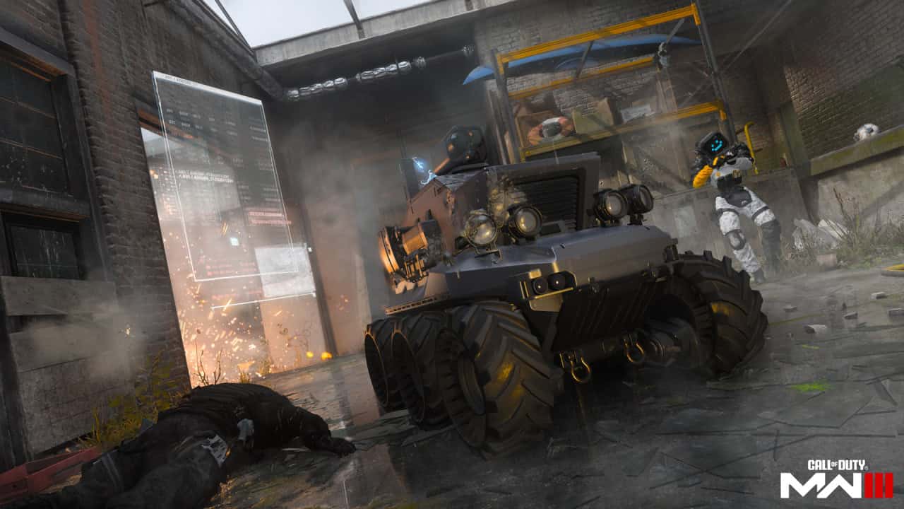 In-game screenshot from "Call of Duty: Modern Warfare III" showing a combat robot and a fallen soldier in a derelict urban environment during Warzone Season 3.