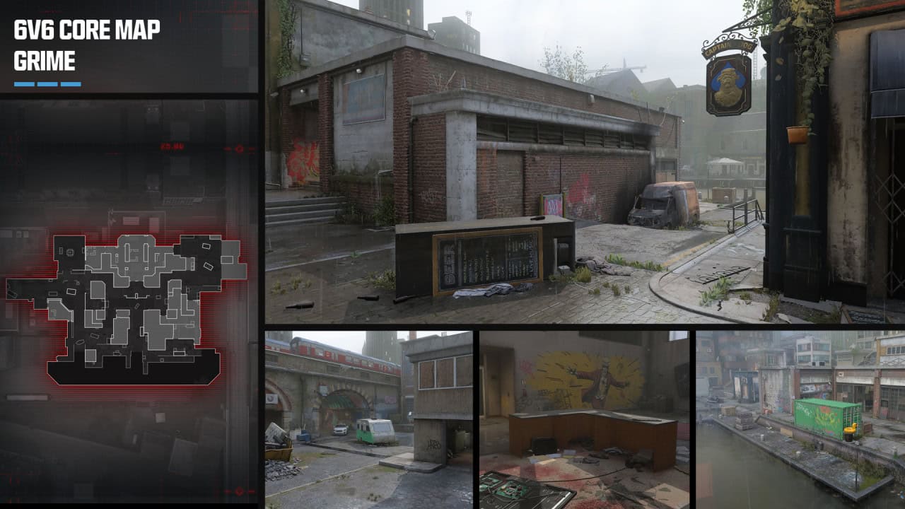 Promotional image for a 6v6 core map called "Grime" in Call of Duty Modern Warfare, displaying a dilapidated urban environment with a map layout and detailed scenes of graffiti,