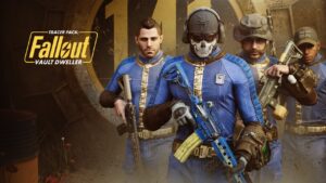 Four armored soldiers in blue uniforms stand ready with weapons. The text on the left reads "Tracer Pack: Fallout Vault Dweller," hinting at a potential Fallout bundle for Modern Warfare 3.