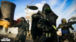 Three armed figures in futuristic armor and masks are engaged in combat, with industrial structures and explosions in the background. The image is from the game "Call of Duty: Warzone," showcasing intense battlefield action.