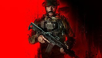 A soldier holding a gun in front of a red background.