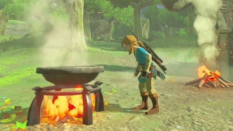 Tears of the Kingdom how to start a fire: Link standing at a cooking pot with a campfire behind him.