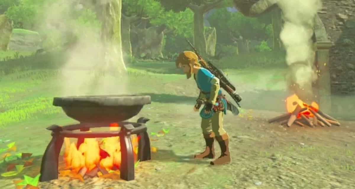 Tears of the Kingdom how to start a fire: Link standing at a cooking pot with a campfire behind him.