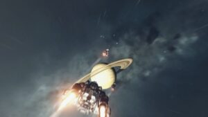 screenshot of starfield space travel, zooming past saturn!