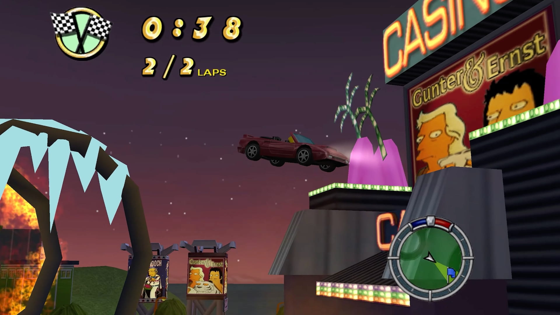 Car soaring over the casino area during a nighttime race in The Simpsons Hit & Run