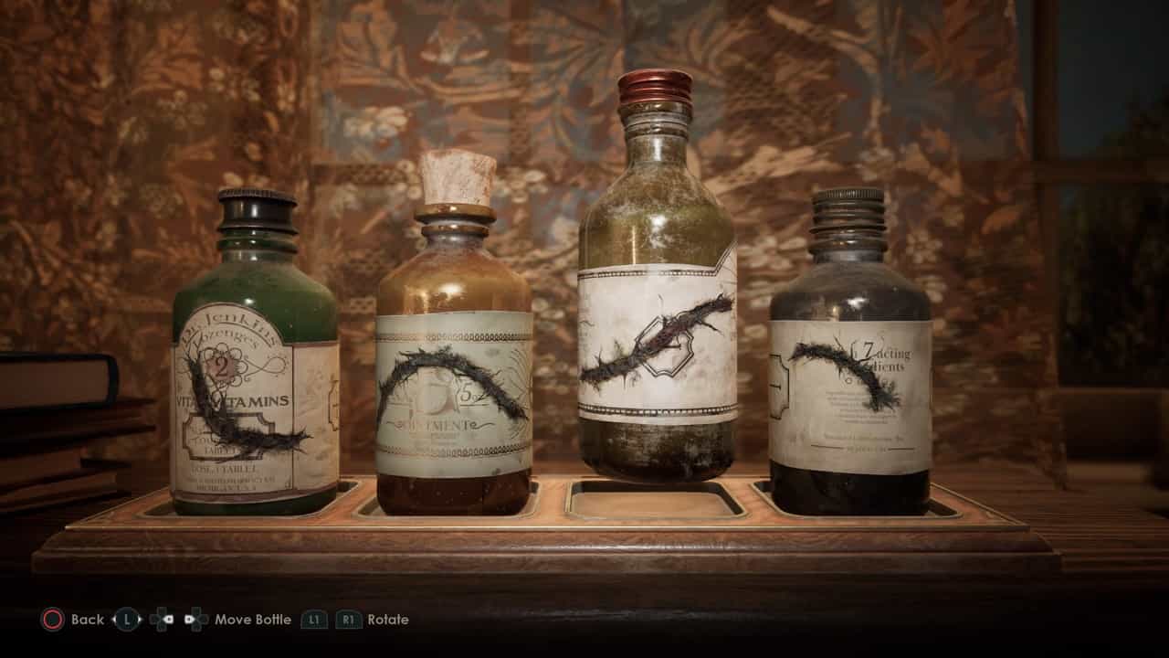 Four aged bottles on a tray, each with labels suggesting they contain different tonics or potions crucial for Cassandra's Room lock puzzle solution in "Alone in the Dark.