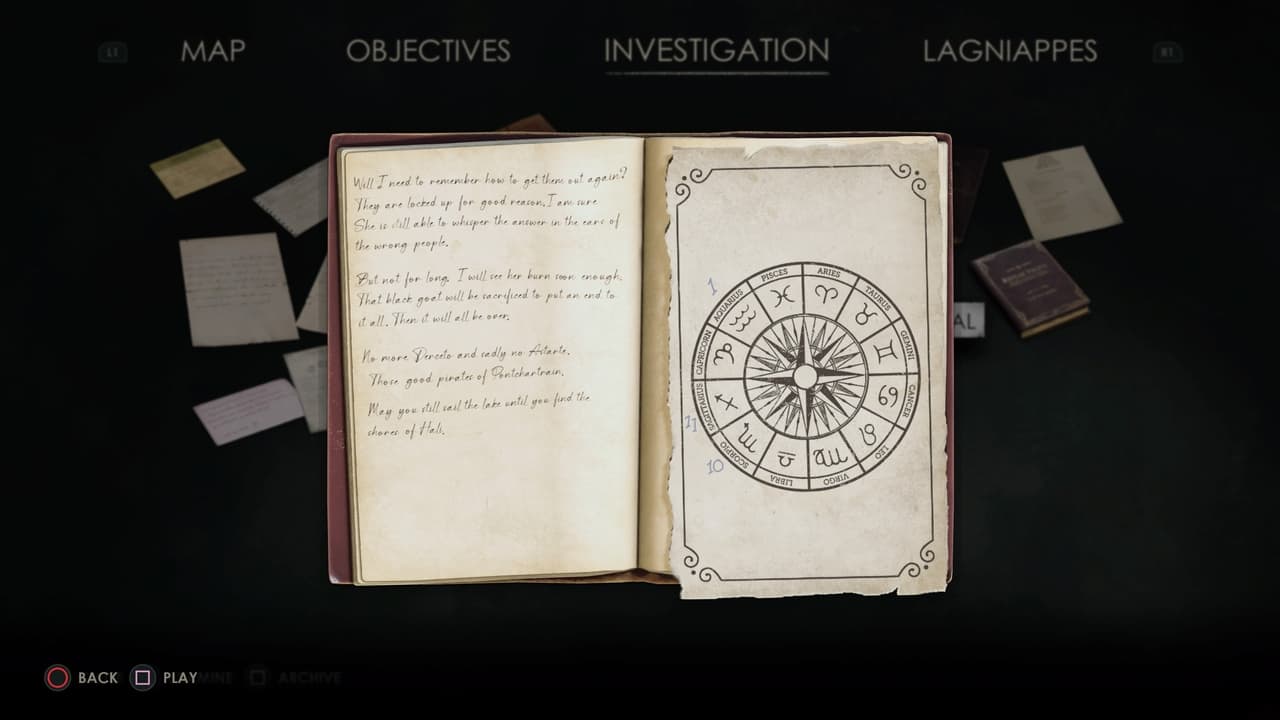 An open journal displaying hand-written notes and a sketched symbol resembling a compass rose on the right page sits alone in the dark of Cassandra’s Room.