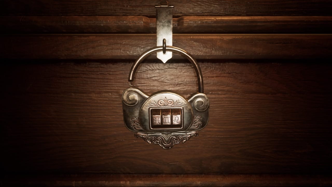 An antique metallic padlock securing a wooden chest in Cassandra’s Room.