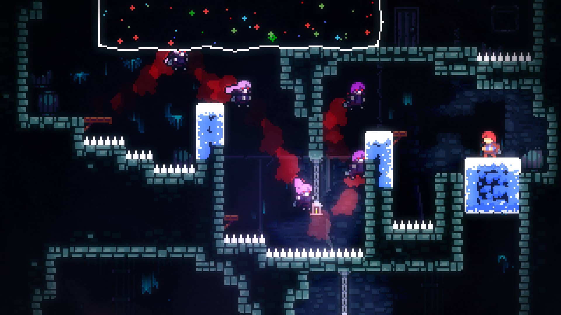 Madeline navigates the Mirror Temple in Celeste, avoiding spike traps and shadow clones in a dark, maze-like platforming level.