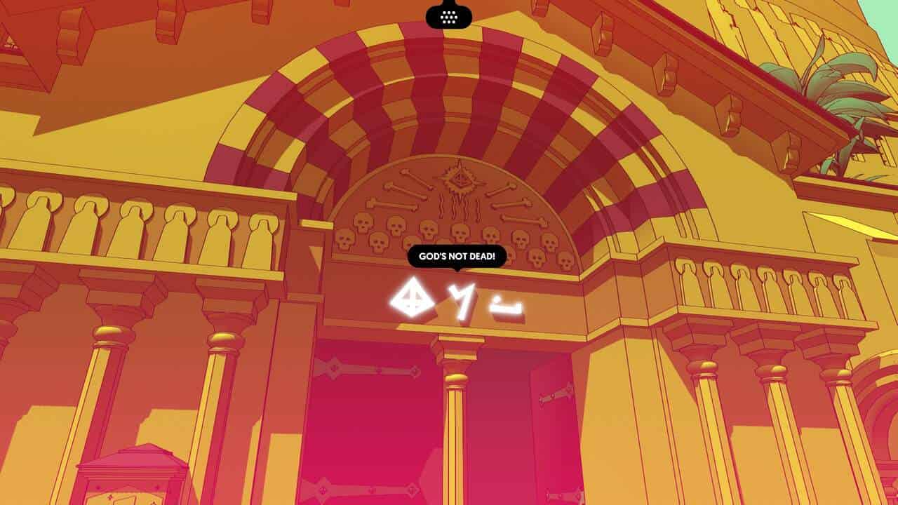Chants of Sennaar: An archway above a building's entrance with glyphs that read "God's not dead!".