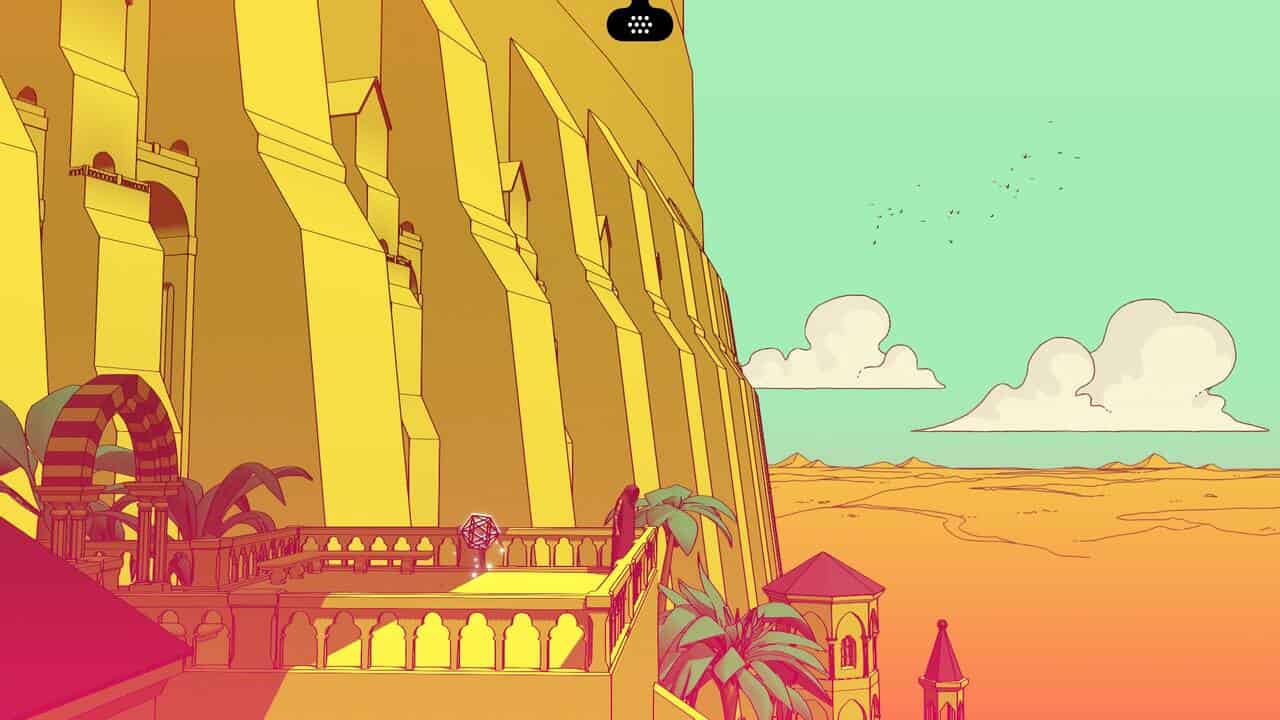 Chants of Sennaar: The player standing on a viewing platform with a view of the tower walls and a vast desert in the background.
