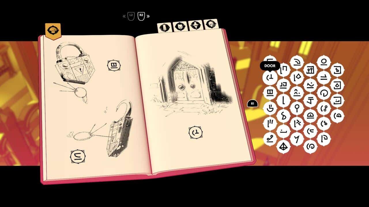 Chants of Sennaar: A book showing pictures of locks and a door, with one of the game's alphabets next to it.