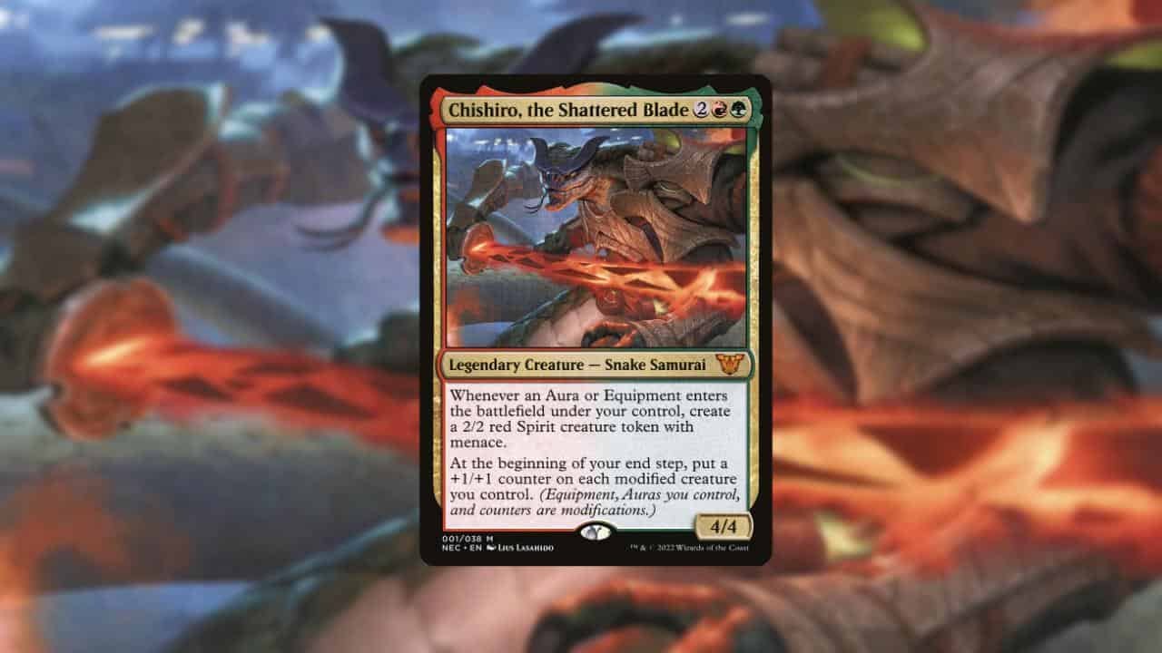 card of image of a commander equipment called chishiro the shattered balde holding a orange sword in magic the gathering