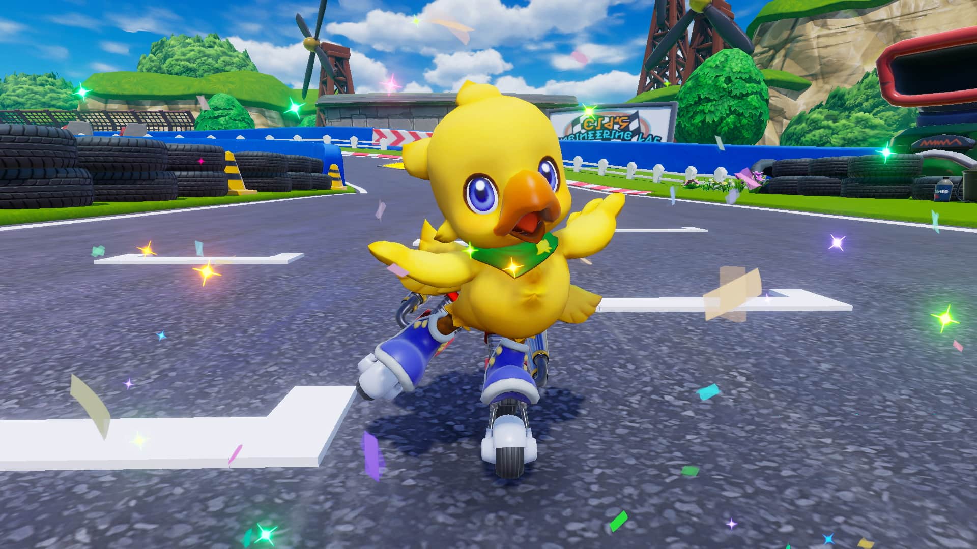 Chocobo celebrates at the finish line in Chocobo GP