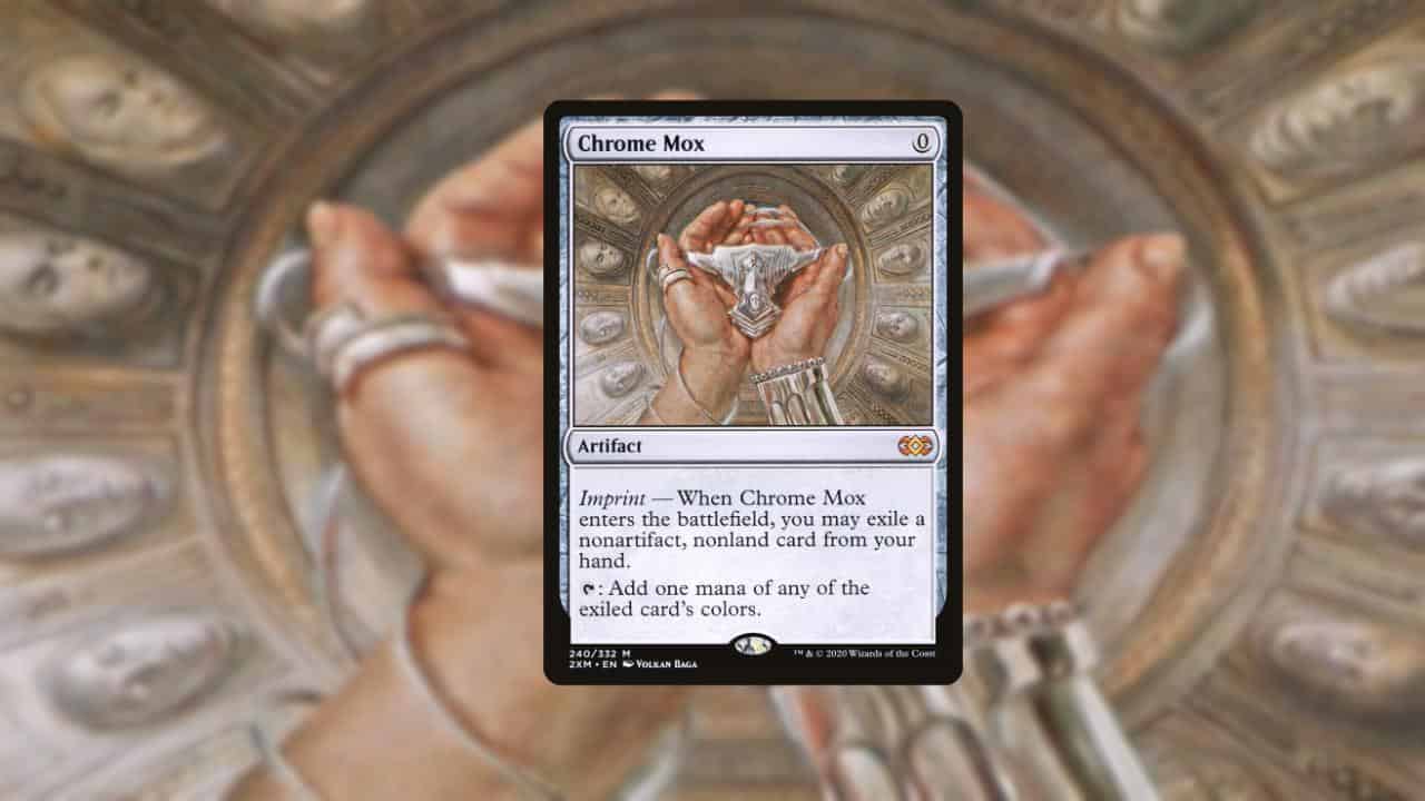An image of a hand holding a card in front of a circular background showcasing the best Mana rocks.