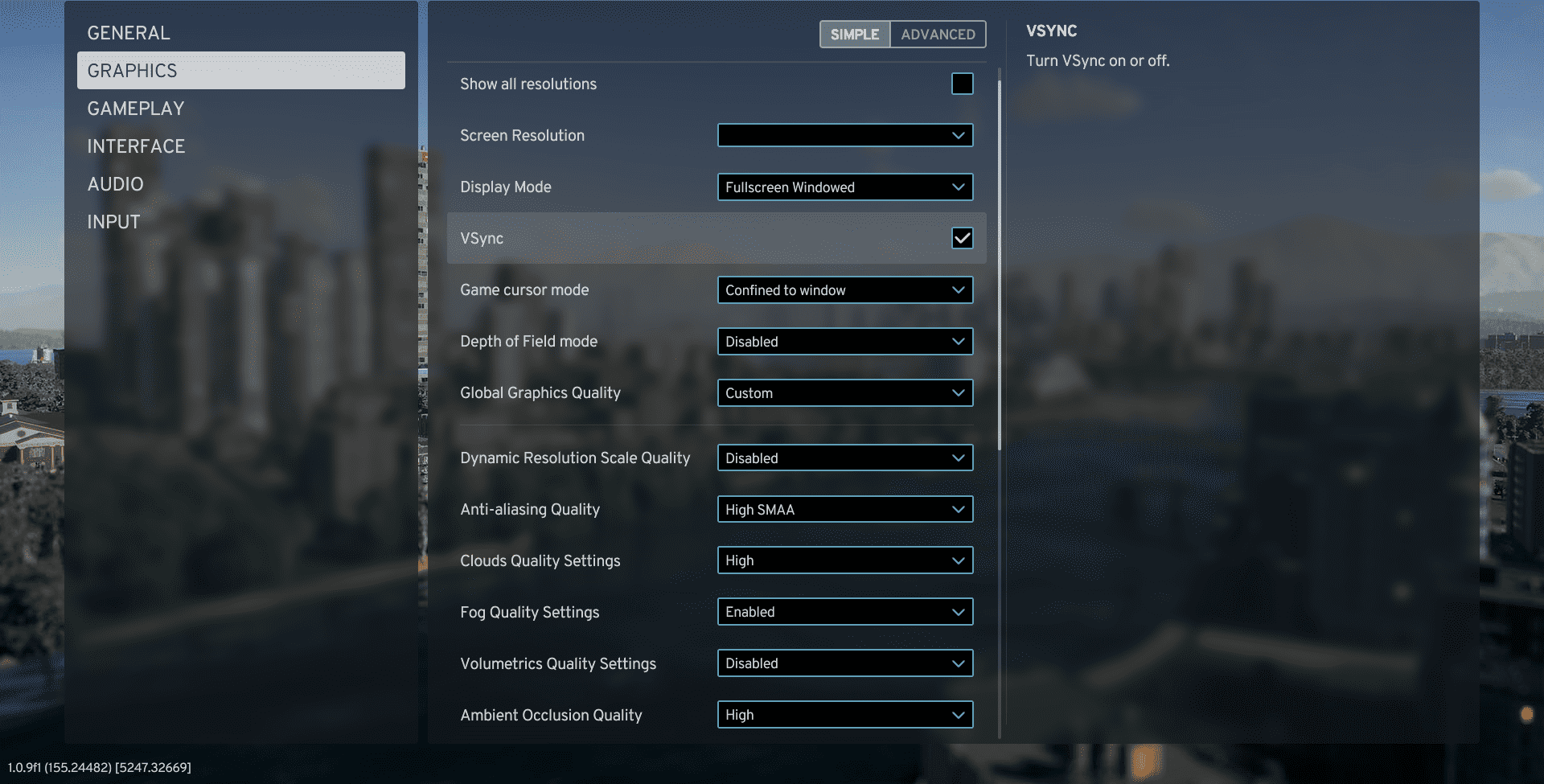 A screenshot of the best graphics settings for FPS in the city settings of Cities Skylines 2 video game.