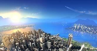 An image of a city with a lake in the background.