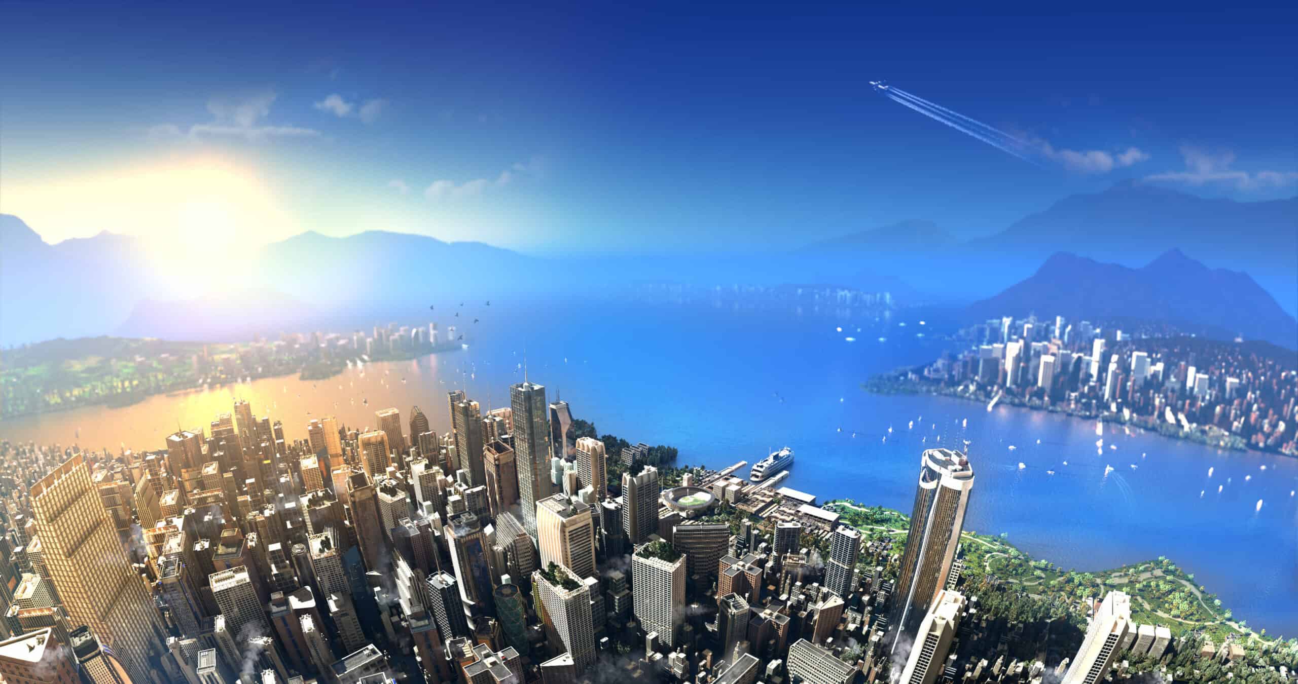 An image of a city with a lake in the background.